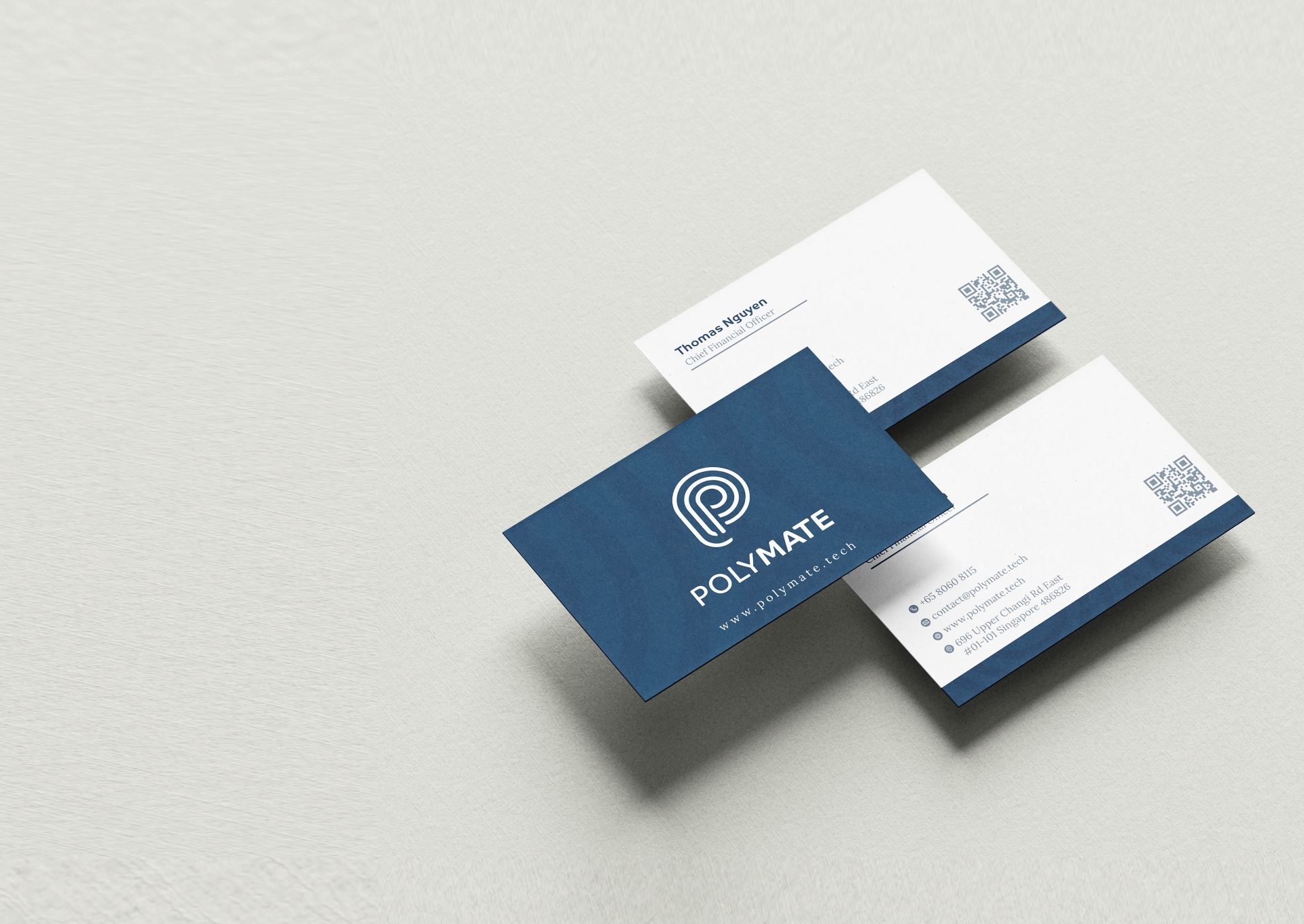 Business card system. Navy and white, print-ready from day one.